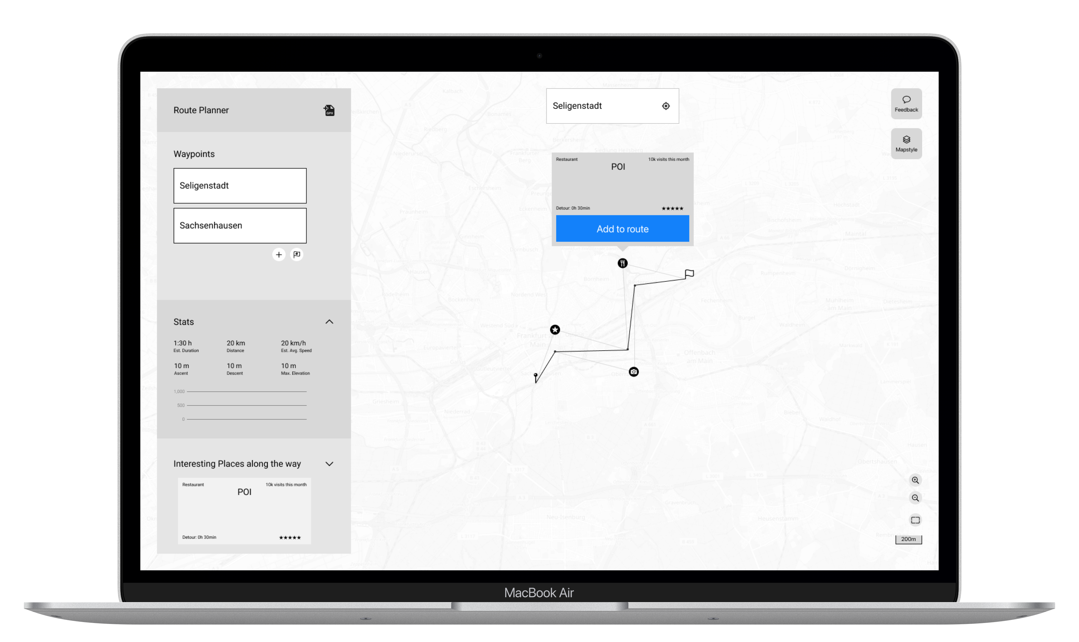 Image of a Mac Book mockup with a Wireframe design of the Route Planning Application for cycling.